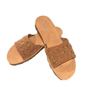 Tan Embroidered Slide Sandals